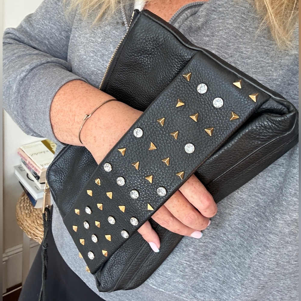 Rebecca Minkoff black leather studded clutch